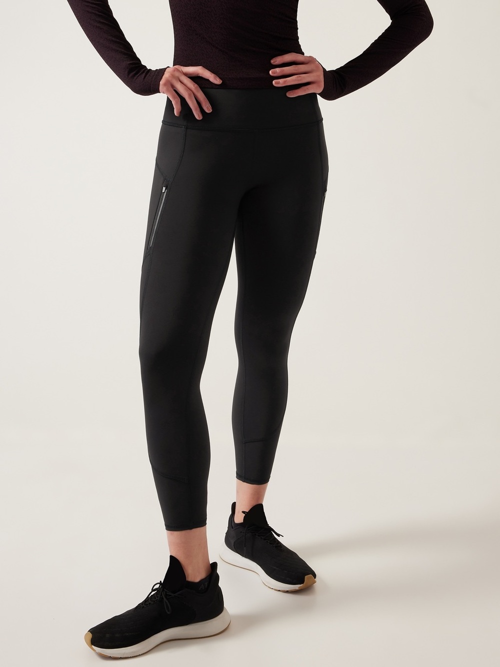 Athleta Black High-Waist Rainier Zip-Pocket 7/8 winter running tights